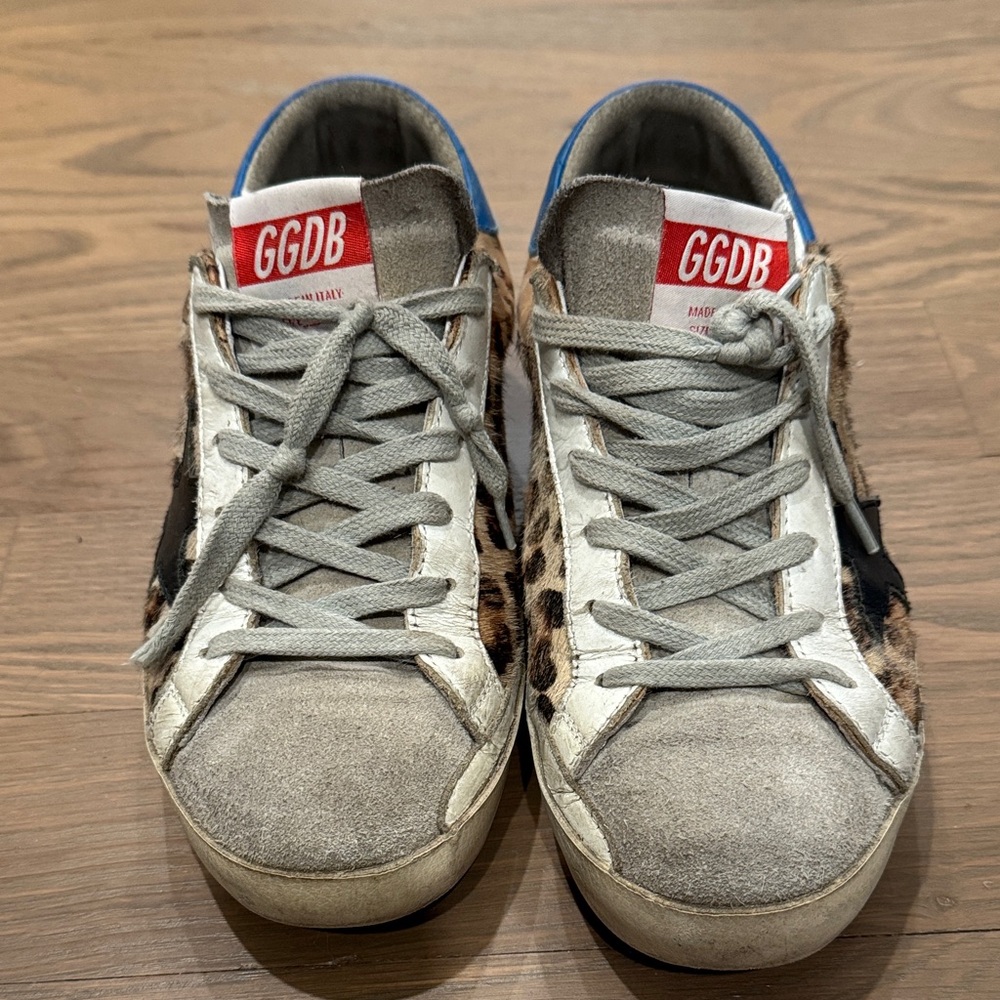 Golden Goose Leopard Print Sneakers with Gray and Blue Accents